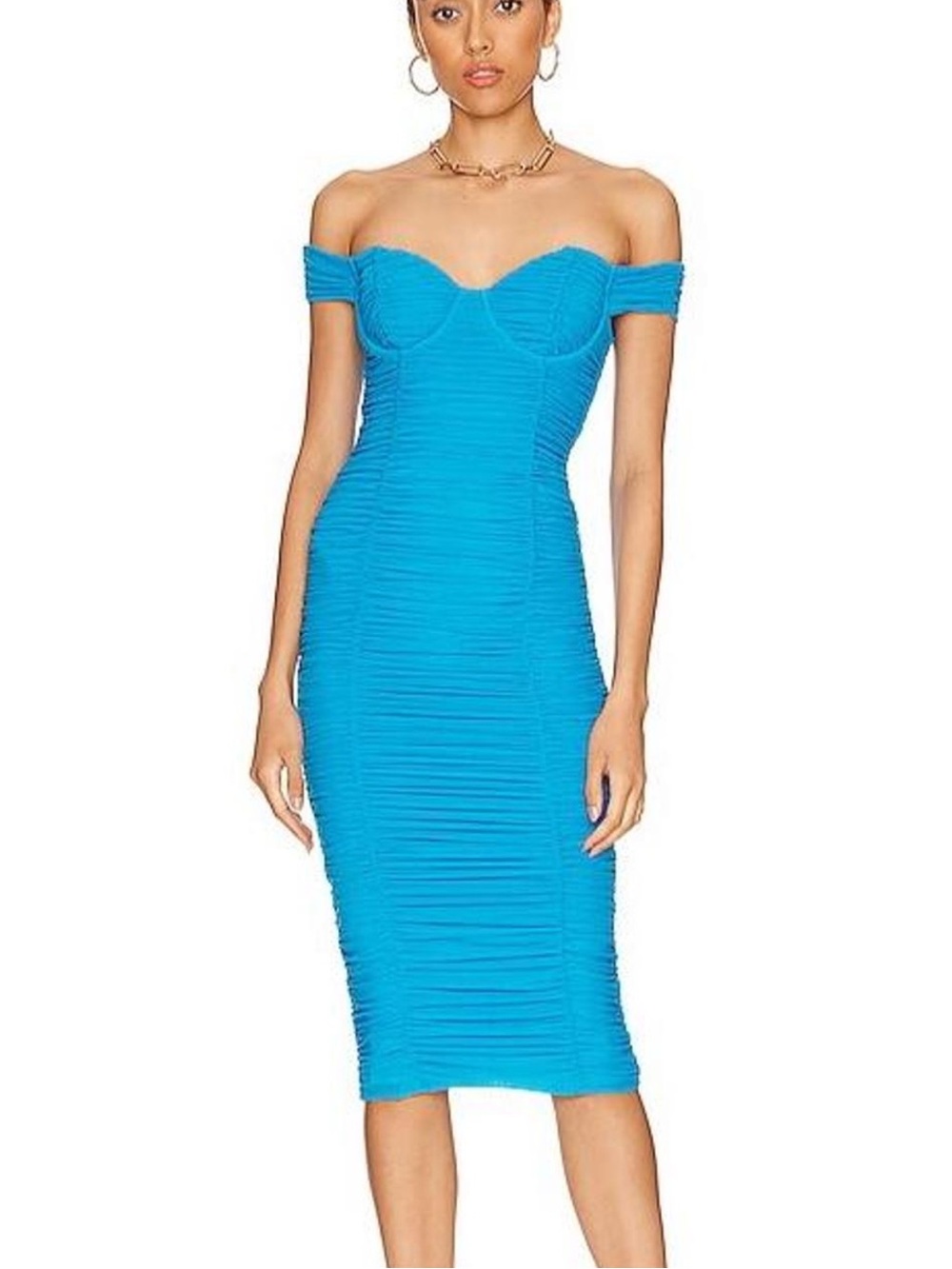 MAJORELLE One-Shoulder Ruched Midi Dress in Electric Blue